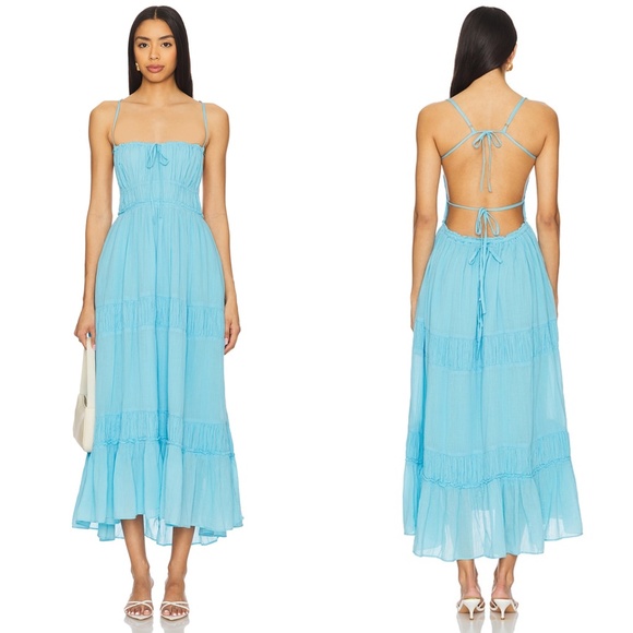 NEW FREE PEOPLE Splash AQUA Taking Sides TIERED Cotton OPEN BACK Maxi DRESS US M - Picture 4 of 16
